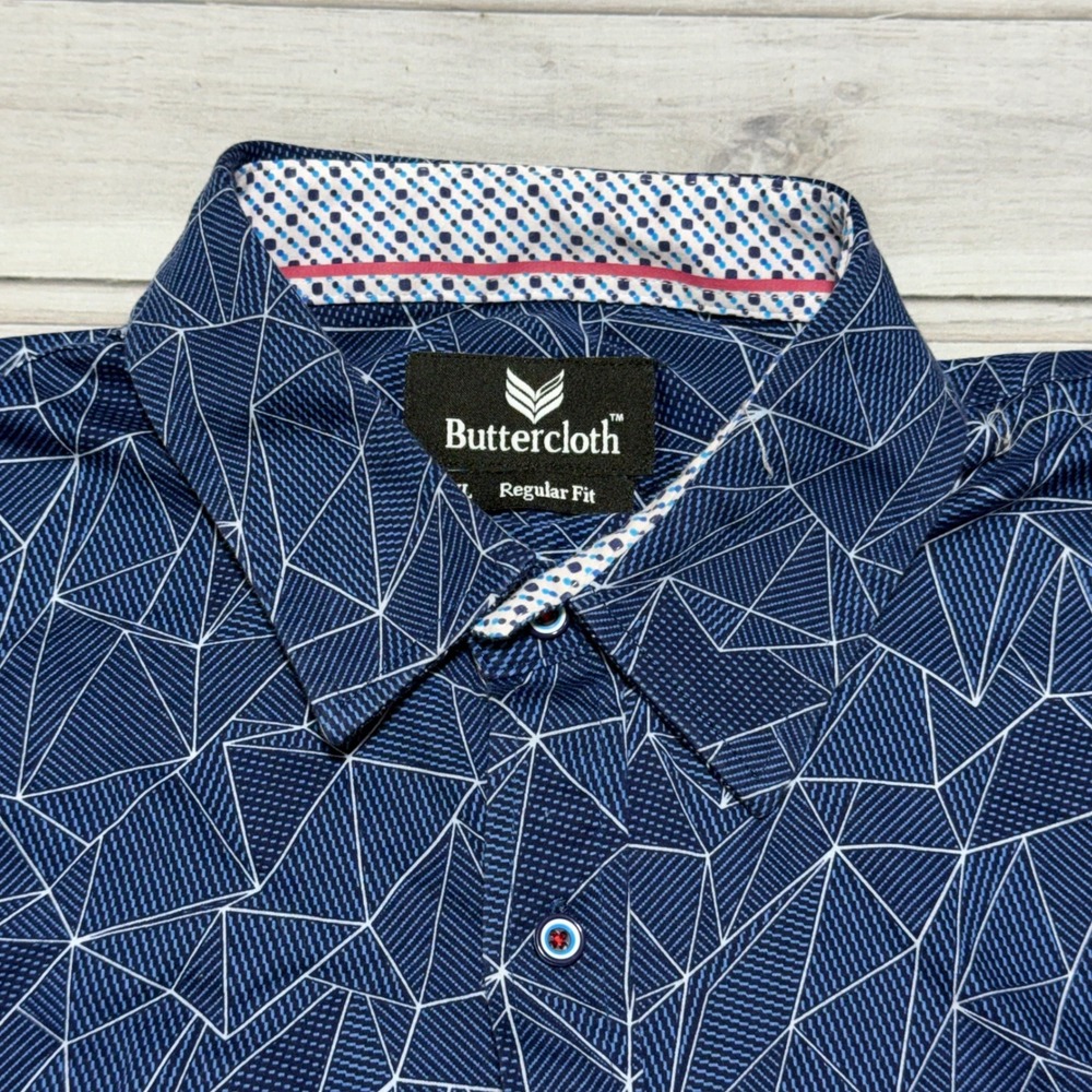 Buttercloth Button Down Shirt Mens 2XL Blue Geometric Long Sleeve Regular Fit